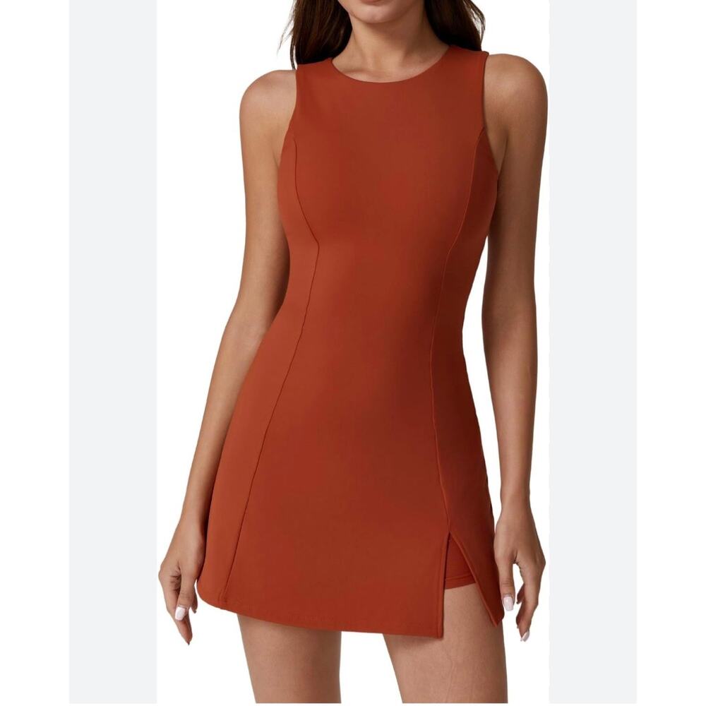 Qinsen Women's Crew Neck Tennis Dress Sleeveless Side Slit Buil-in Shorts Size S